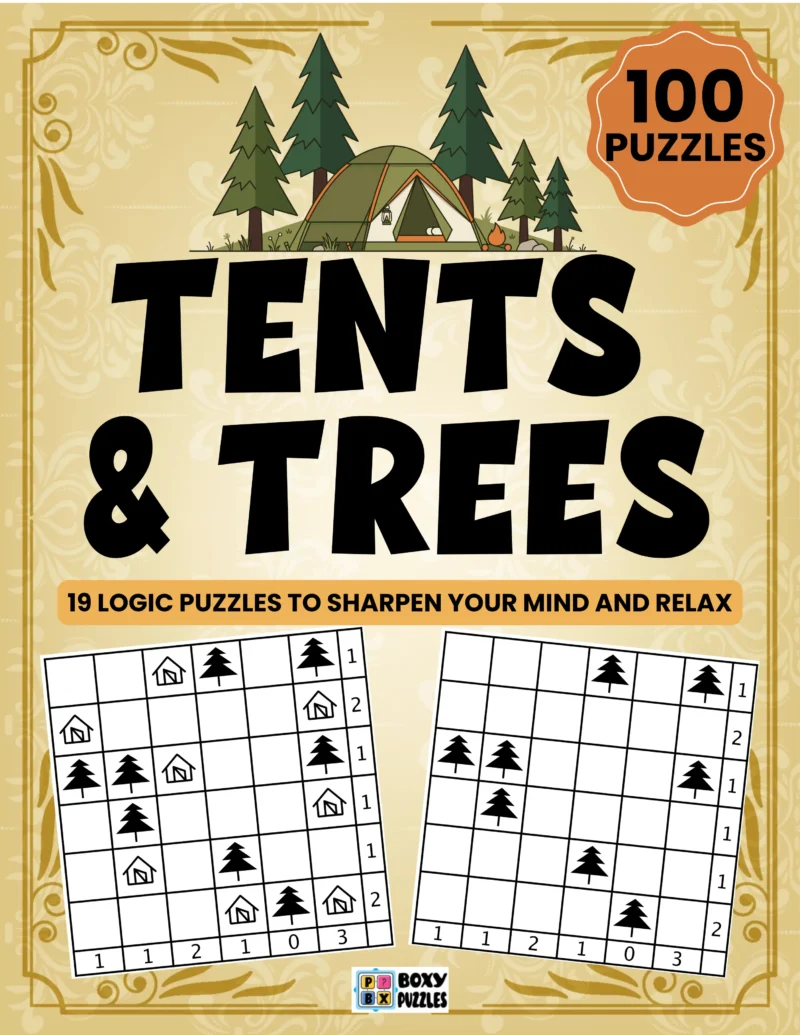 TENTS & TREES book cover (2) Tents and Trees Puzzle Book – 100 Large Print Logic Puzzles | Spiral Bound & Digital Download