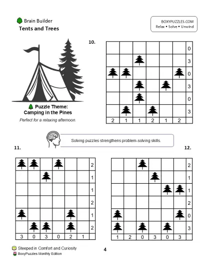 tents and trees sample puzzle page 1 (1) Tents and Trees Puzzle Book – 100 Large Print Logic Puzzles | Spiral Bound & Digital Download