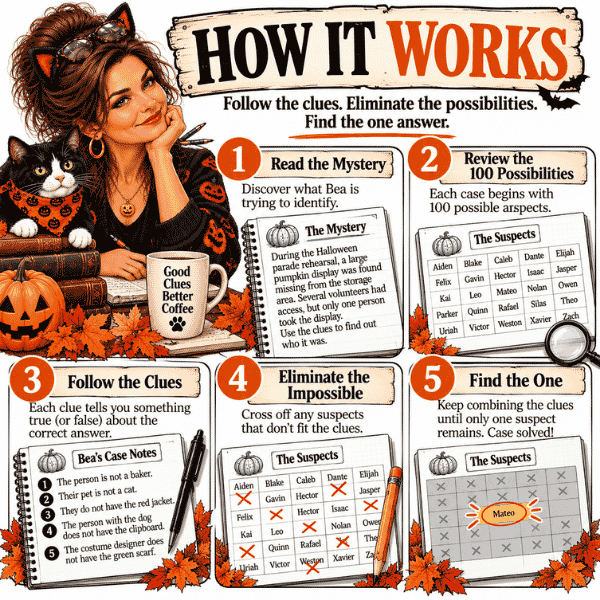 Bea halloween how it works Bea Holloway Case Files: Halloween Edition – 65 Cozy Halloween Elimination Mysteries
